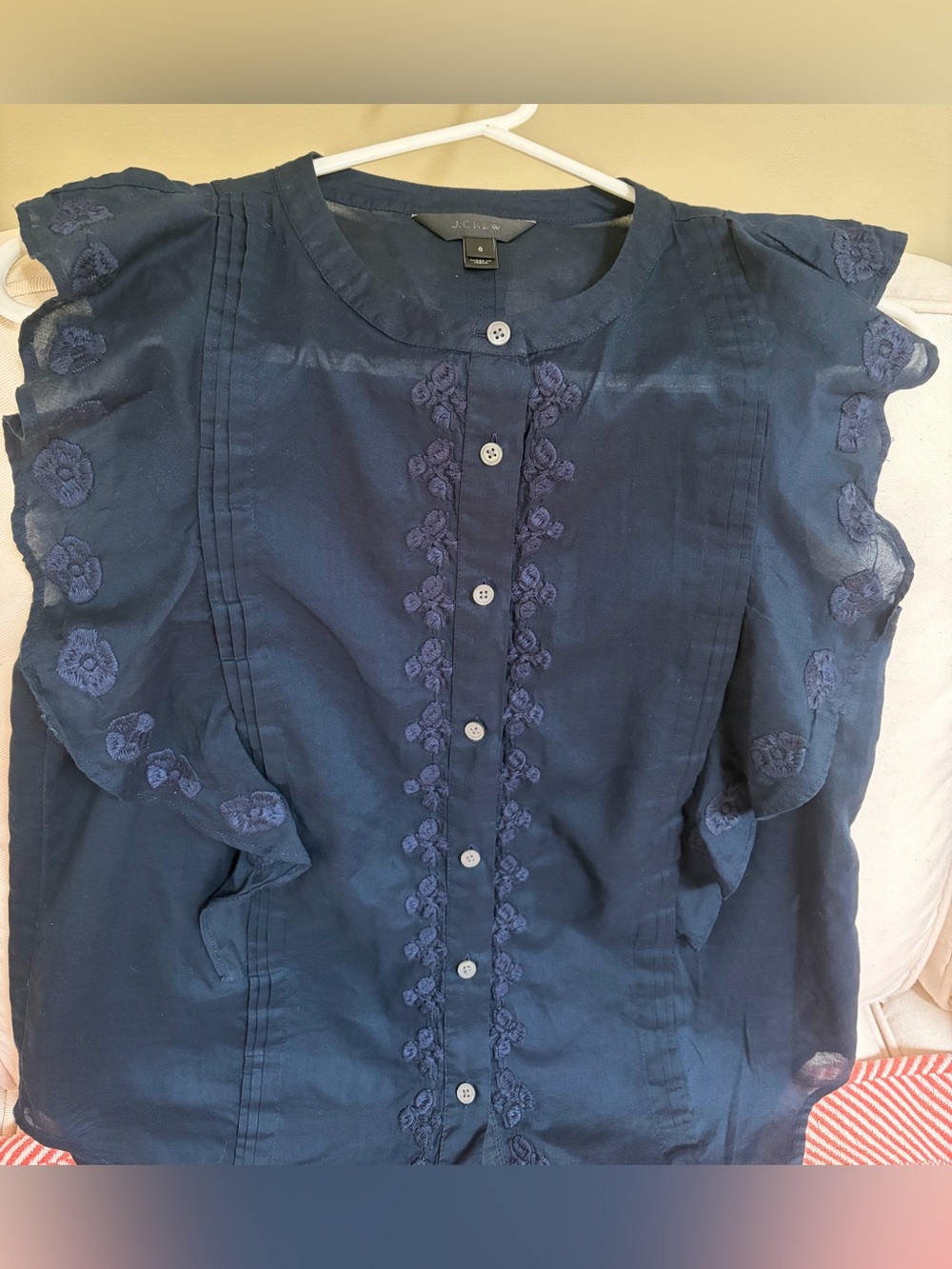 J. Crew Navy Embroidered Ruffle Button-Front Sleeveless 100% Cotton Blouse - Picture 3 of 7